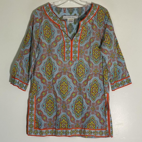 Gretchen Scott Designs Tops - Gretchen Scott Top Womens Small Blue‎ Medallion Floral Tunic 3/4 Sleeve Boho